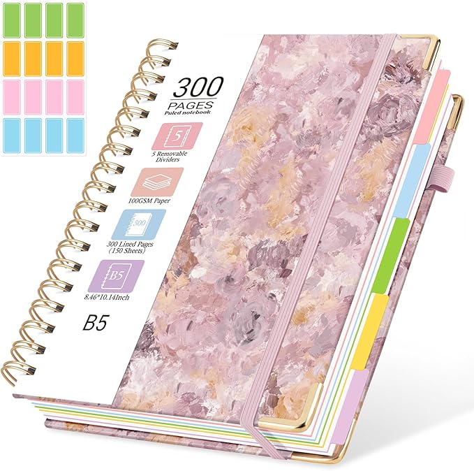 Hardcover Spiral Journal Notebook, 300 Pages 5 Subject Notebook College Ruled with Removable Dividers Tabs, 8" x 10" Notebooks for Work, Spiral Ruled Lined Writing Journal Hardcover Leather Notebook for School (Purple oil painting, 8''x 10'')