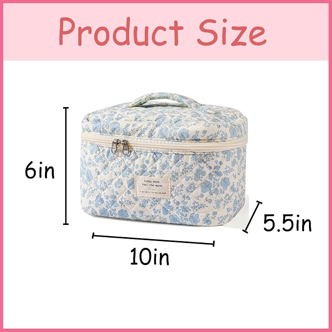 uekeboag Large Travel Quilted Makeup Bag for Women | Soft Floral Cotton Cosmetic Bag, Foldable Coquette Aesthetic Toiletry Organizer