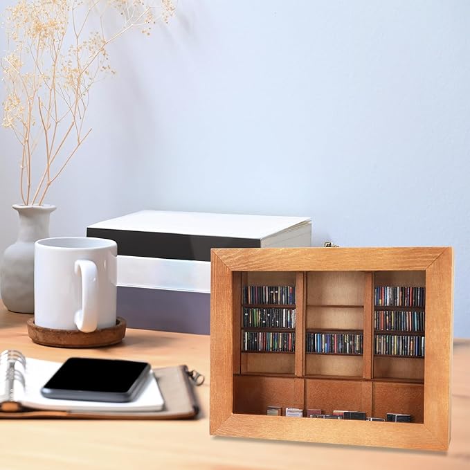 MEGREZ Book Stand for Reading (13.2 x 9.4 inch) Bamboo Cookbook Stand Holder & Anxiety Bookshelf Shake Away Your Anxiety, Handmade Mini Library Decor with Tiny Books