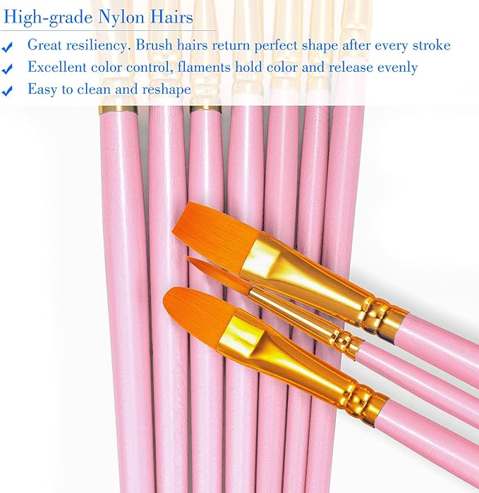 BOSOBO Paint Brushes Set, 10 Pack 100 Pcs Round Pointed Tip Paintbrushes Nylon Hair Artist Acrylic Paint Brushes for Acrylic Oil Watercolor, Face Nail Art, Miniature Detailing & Rock Painting, Pink