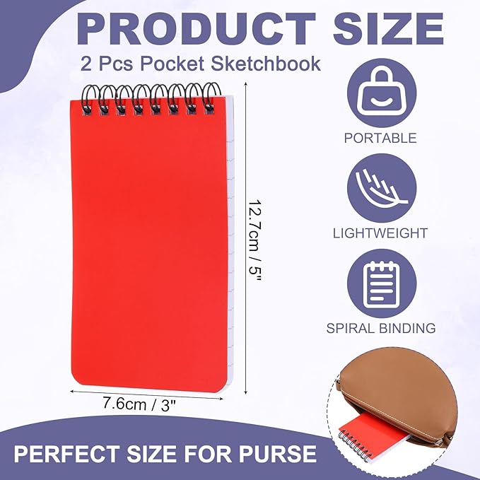 PATIKIL 3x5" Pocket Sketchbook, 2 Pcs Top Spiral Notebook Mini Lined Notebook Memo Pads 80GSM 60 Sheets/120 Pages Hard Cover Portable for Office Outdoor Travel Journal Draw, Red