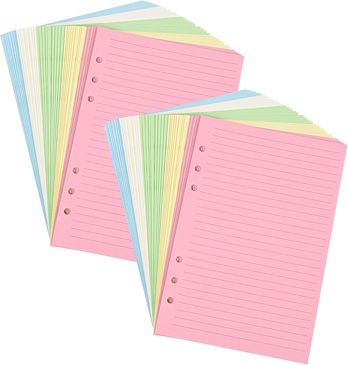 Horizontal Line Loose-leaf Paper, College Scratch 5-Color Filler Paper 6-Hole A5 Notebook 8.26x5.6 inches (21x14.2cm),100 Sheets/200 Pages (Lined-100 Sheets, A5)
