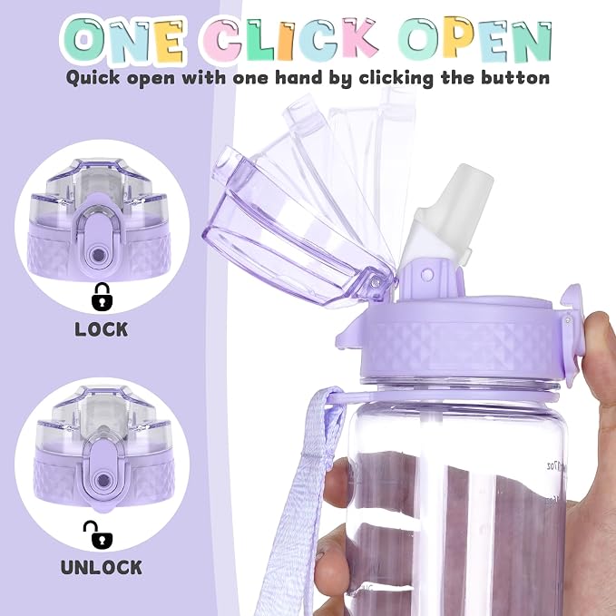 OLDLEY 17oz Kids Water Bottle, Tritan BPA-Free, Leakproof Flip Straw Lid, Motivational Time Marker, Carry Strap, Reusable Clear Water Bottle for Boys & Girls,Amethyst