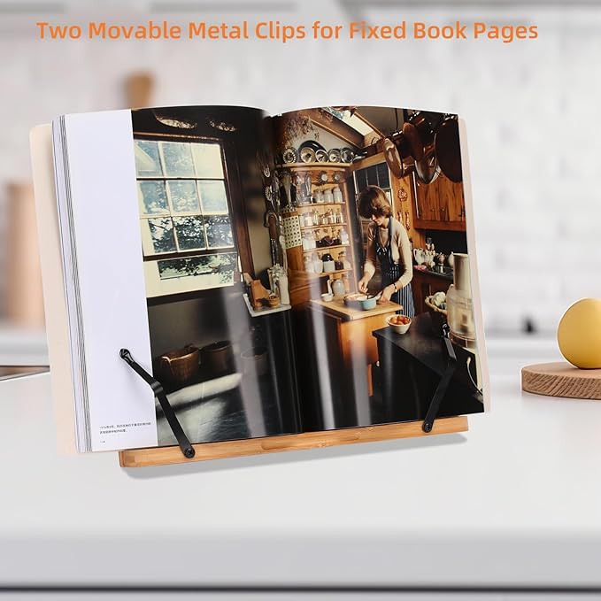 MEGREZ Book Stand for Reading (13.2 x 9.4 inch) Bamboo Cookbook Stand Holder for Kitchen, Adjustable Book Holder Stand for Tablet/Textbook Holder/Hollow Bookrest Stand, Rose