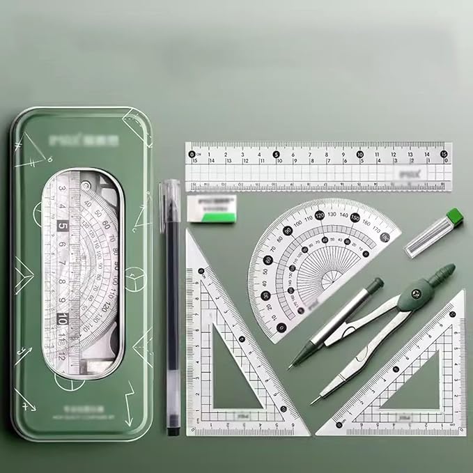 AMONG Drafting Kits Math Geometry Kit Set, 8 Pieces, with Storage Box, Student Supplies Drawing Compasses, Including Protractor, Ruler, Compass, Refill, Pen, Eraser Geometry Tool Set (Color : B)