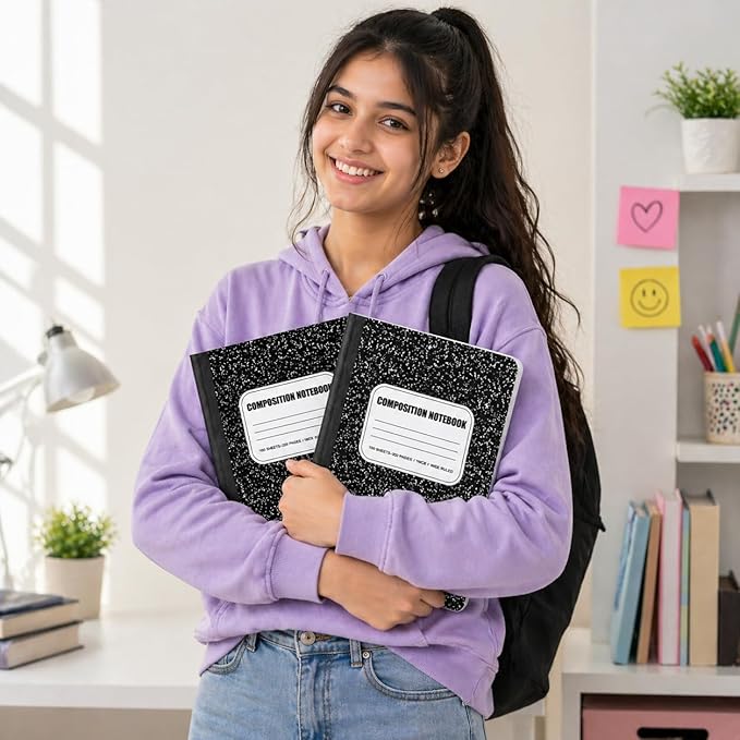 CLEENTABLE Composition Notebook 5 Pack, Wide Ruled Paper, Marble Cover Notebooks for School, 9.75 x 7.5 Inches, 100 Sheets (200 Pages), Sewn Binding Comp Books, Black
