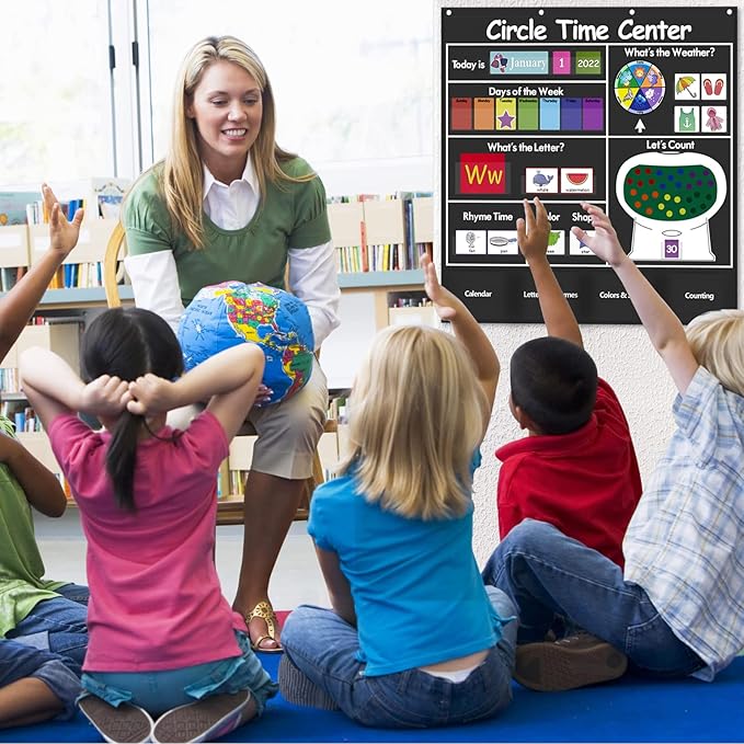 Auchq Circle Time Learning Center Pocket Chart, Heavy-Duty Kids Calendar for Classroom, Educational Pocket Chart Learning Calendar Weather Letter Counting Rhyme Color Shape(Black)