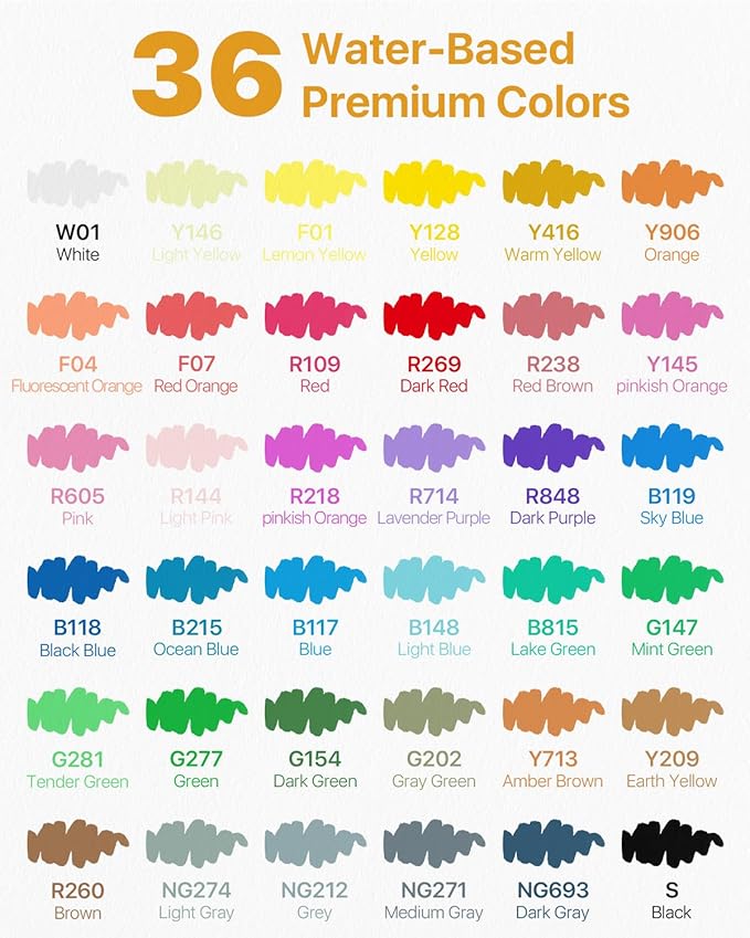 JusArt 36 Colors Acrylic Paint Markers with Canvas Bag, Water-Based No-Bleed Paint Pens with Automatic Ink Control, Waterproof Brush Tip Markers for DIY Art & Crafts -Fabric, Rock, Wood, Glass, Metal