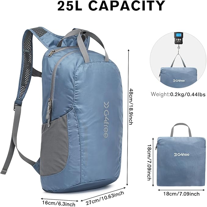 G4Free 25L Lightweight Hiking Backpack Packable Foldable Sport Travel Daypack Water Resistant for Women Men（Blue）