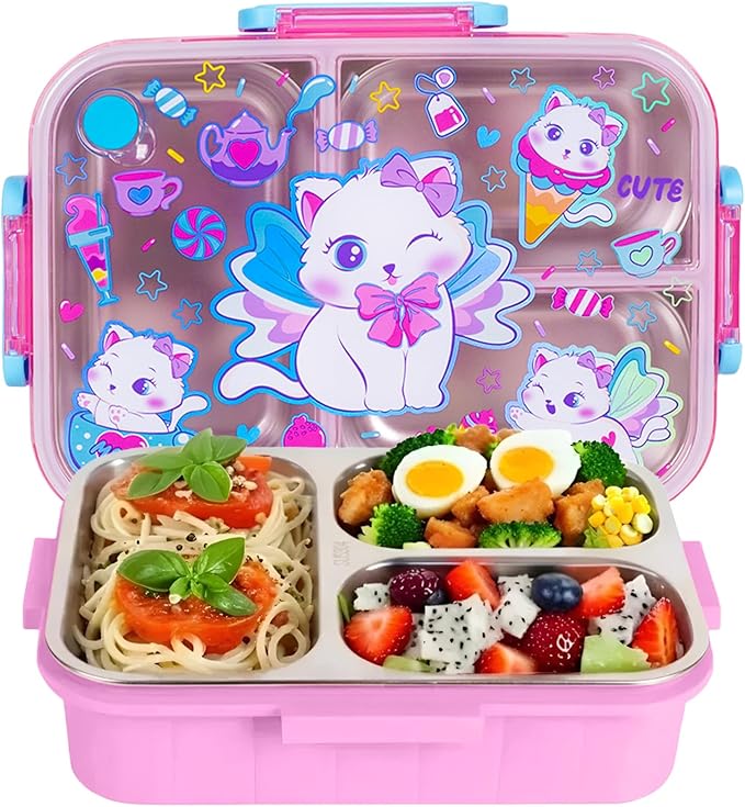 Stainless Steel Bento Lunch Box for Kids, 800ml/27oz BPA-Free Leak-Proof Food Containers with 3 Compartments, Freezer & Dishwasher Safe, Back to School Students Lunches Size for Ages 3-7