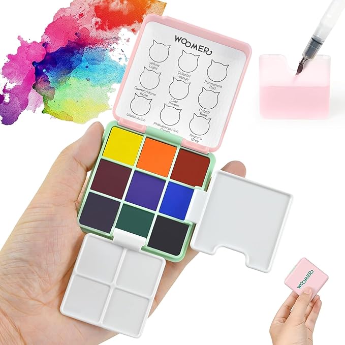 Woomer 9 Colors Watercolor Paint Set Pocket Perfect Travel Watercolor Set with 2 Foldable Watercolor Palettes for Beginner, Artists, Amateur Hobbyists and Painting Lovers
