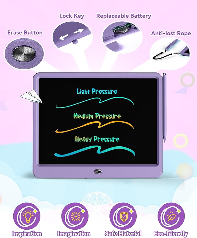 KOKODI 12 Inch LCD Writing Tablet with Anti-Lost Stylus Erasable Doodle Board Colorful Toddler Drawing Pad Car Travel School Games Toys for 3 4 5 6 7 8 Kids Birthday Gift for Girls Boys Adults Purple