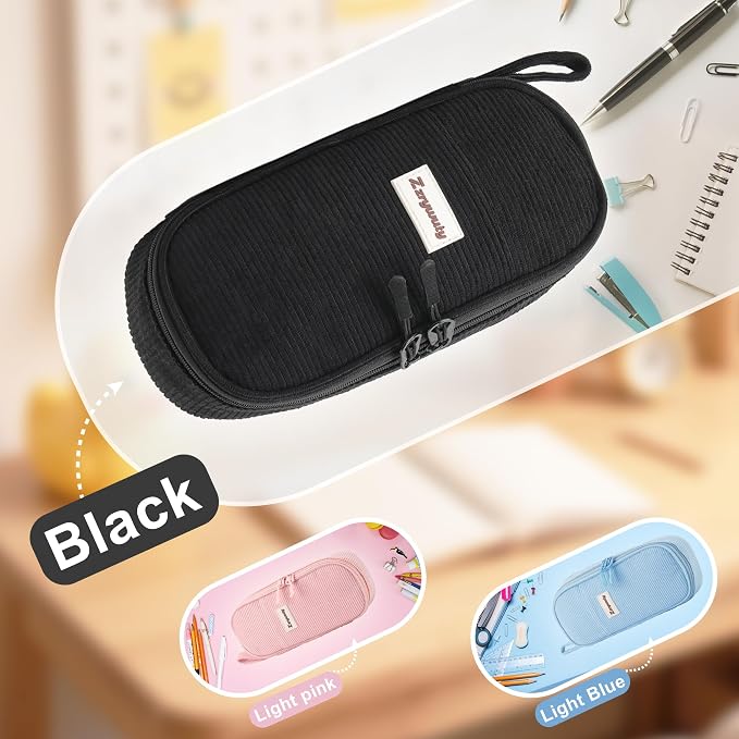 Zzrywuty Aesthetic Pencil Case, Large Capacity Soft Corduroy Pouch with Handle, Wide Opening Black Cute Stationery Bag & Organizer for School Office, Teens Adults