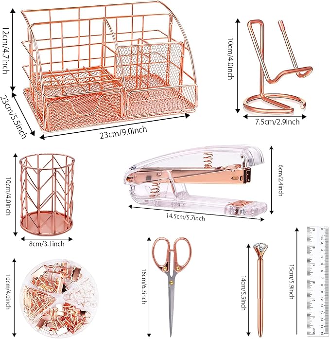KAAKOW Rose Gold Desk Organizers and Accessories Office Supplies Set Stapler, Pen Holder, Phone Holder, Scissors, Pen, Ruler, 30 Paper Clips, 22 Binder Clip, 20 Tacks and 1000pcs Staples