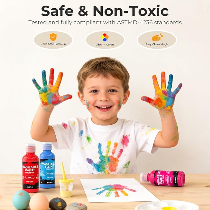 Nicpro 12 Colors Washable Finger Paint Set for Toddlers (2 oz), Non Toxic & Baby Safe Kids Paint with Paint Cups & Toddler Paintbrushes, Mess Free Art Supplies for Children Age 3 4 5 6+, Preschool Learning & Classroom Gifts