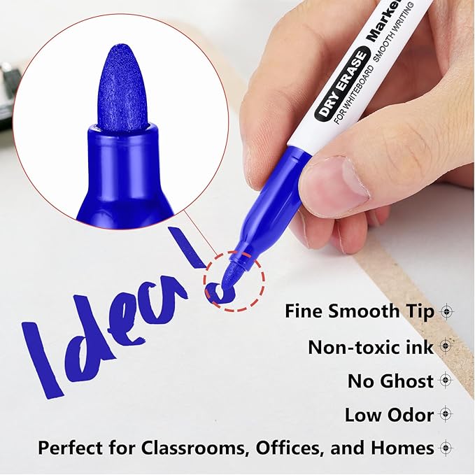 SFAIH Fine Tip Dry Erase Markers - 24 Pack Blue Whiteboard Erasable Markers Bulk, Ideal for Brainstorming & Visual Planning, Teams, Teacher & Creative Sessions, Vivid Blue Ink, Non-Toxic Easy Clean