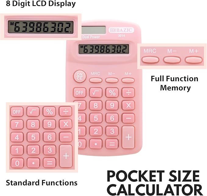 BAZIC Products 8 Digit Pocket Size Calculator, Dual Power Solar & Battery, LCD Display, Small Basic Standard Function Calculators, Assorted Pastel Colors, 144-Pack