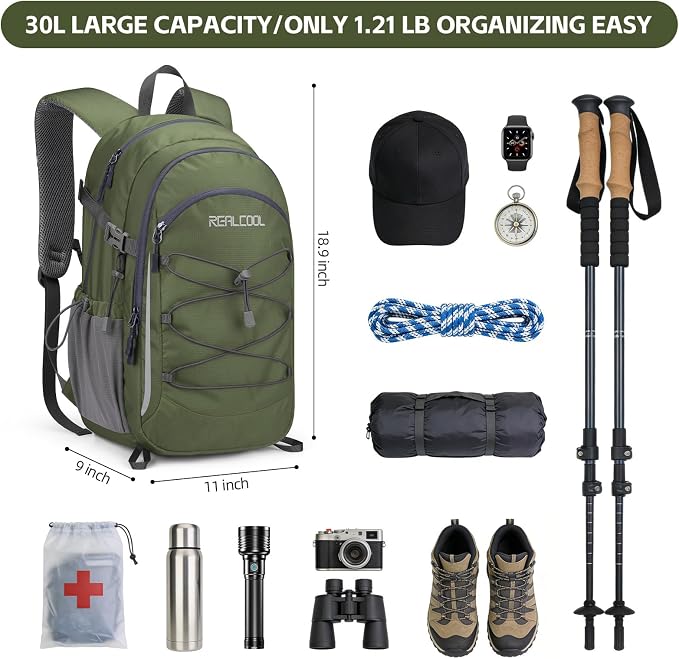 RealCool 30L Lightweight Hiking Backpack, Waterproof Daypack for Camping | 210D tear-resistant nylon, breathable shoulder and back panel, Multi-Compartment,hydration system,reflective strip,bungee net