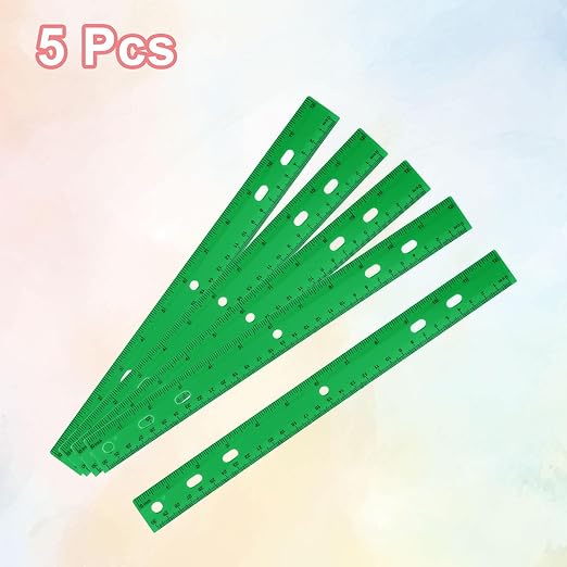 HARFINGTON 5pcs Plastic Rulers 12" (30cm) Clear Straight Ruler Measuring Tool Inches and Centimeters with Hole for Home Office Classrooms Drafting, Green