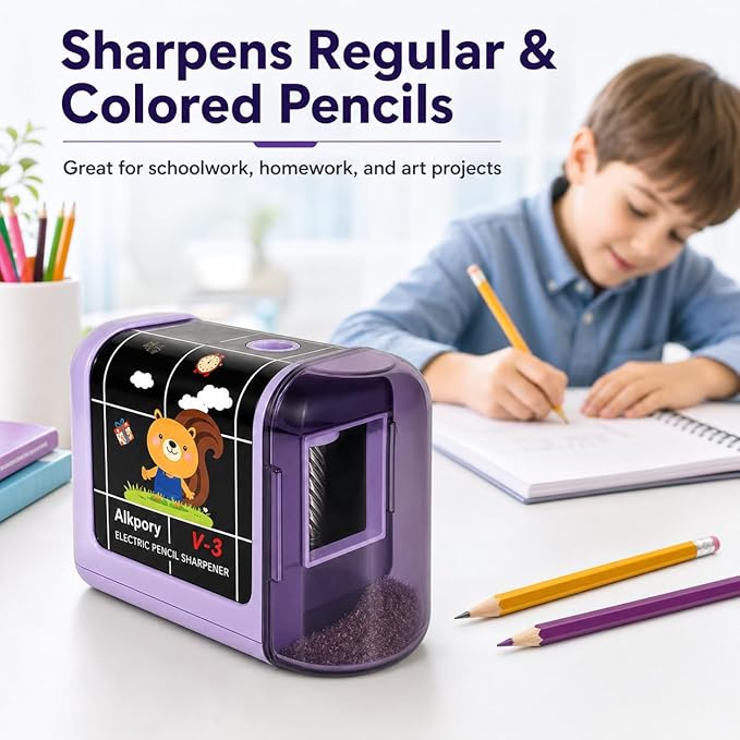 Battery Operated Electric Pencil Sharpener for Kids, Auto Stop Safety Switch, Fast Pencil Sharpener for No.2 and Colored Pencils, Portable Desk Sharpener for School, Home, Office, Purple