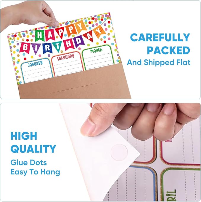 FaCraft Reusable Classroom Birthday Chart Poster - 11.2" x 16.5" Laminated Happy Birthday Calendar for Bulletin Board Stain-Free Dry Erase Teacher Supplies for Elementary & Preschool with 10 Glue Dots