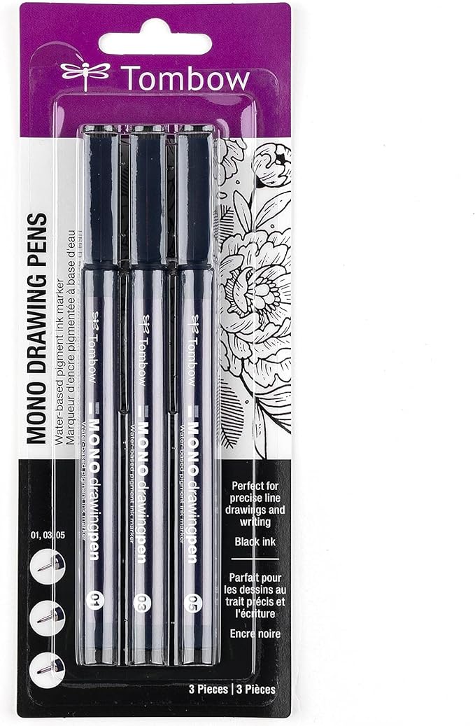 Tombow 66403 MONO Drawing Pen, 3-Pack. Create Precise, Detailed Drawings with Three Tip Sizes – 01, 03 and 05