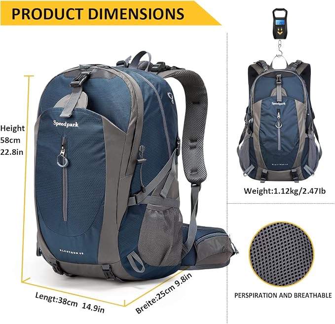 SPEEDPARK 40L Hiking Backpack, Lightweight Camping Daypack with Rain Cover | Water-Resistant Rip-Stop Nylon, Multi-Pockets, Survival Whistle. Ideal For Men, Women, Travel, Trekking