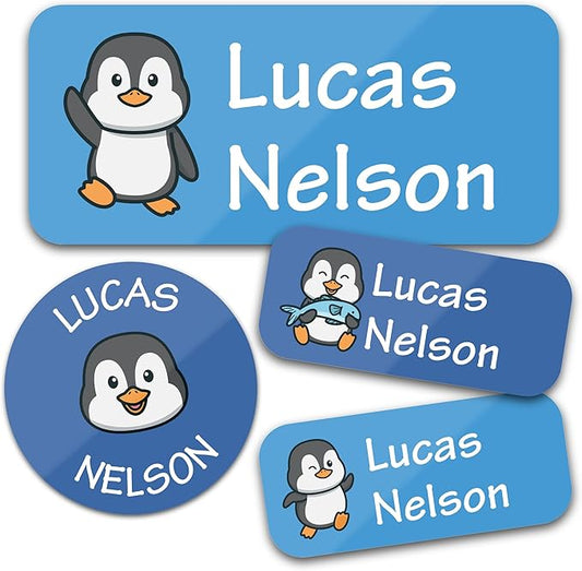 Bunny Badges Personalized Daycare Name Labels for Kids (130 Labels) - Custom Waterproof Name Stickers for Clothing Tags, Water Bottles, Lunch Boxes and School Supplies (Penguins)