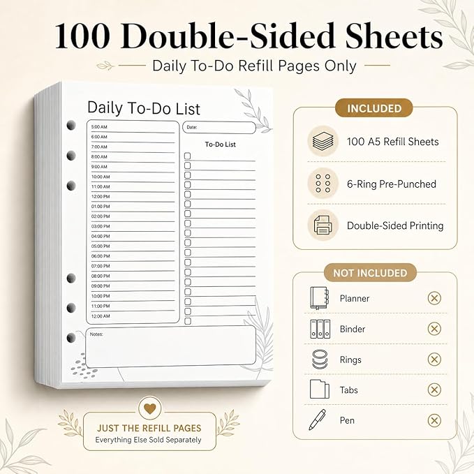A5 Daily To Do List Planner Inserts, 6-Ring Undated Planner Refill Pages with Hourly Schedule, Checklist & Notes, 100 Double-Sided Sheets, 100gsm White Paper, 5.8 x 8.3 in