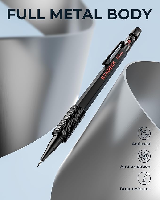 STAGEEK 0.9mm Mechanical Pencil Set, 3PCS Metal Mechanical Pencils 0.9mm with 6 Tubes HB & 2B Lead Refills,Erasers, Weatherproof Artist Pencils with Case for Outdoor Writing Drafting Drawing