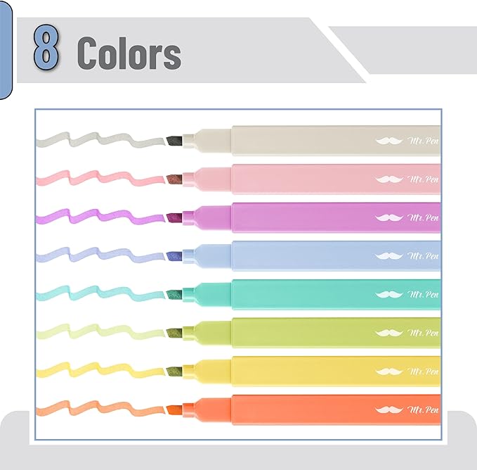 Mr. Pen- Aesthetic Highlighters No Bleed, 8 Pack, Retro Colors, Chisel Tip, Cute Highlighters Assorted Colors for Journaling, Highlighting, Underlining, Fast Dry, Back to School Supplies