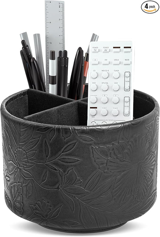 Round Leather Art Supply Organizer,Remote Control Holder,360 Degree Spinning,Multi-Functional Pencil Holder,4 Compartments Desktop Stationary Organizer(1-Carved Black)