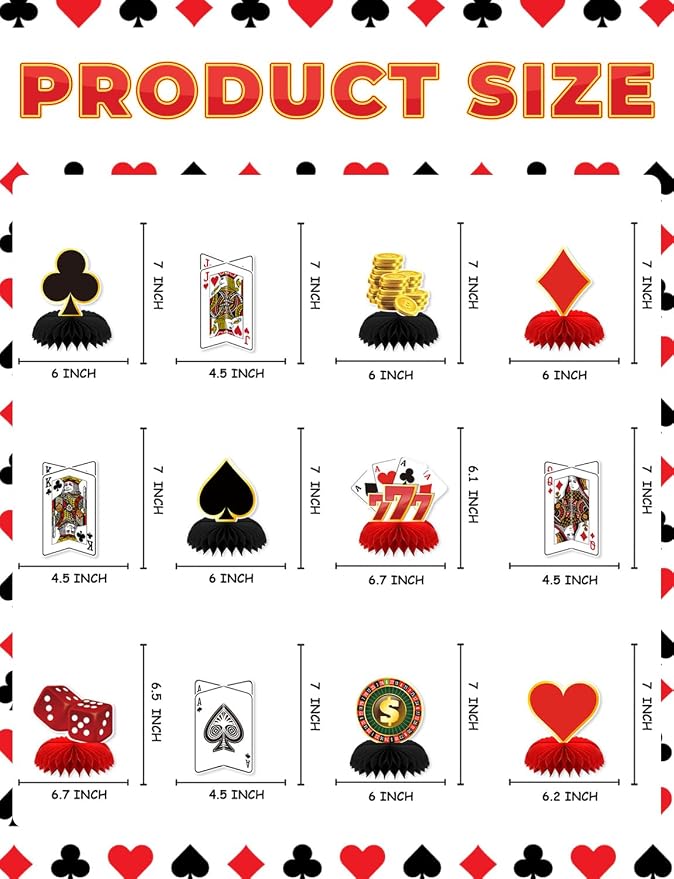12Pcs Casino Theme Party Decorations, Casino Centerpieces for Tables 3D Red Black Honeycomb Centerpieces Topper Poker for Las Vegas Themed Birthday Game Night Casino Poker Party Supplies