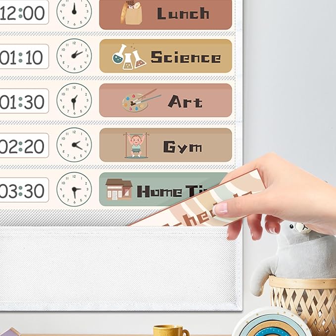 Daily Schedule Pocket Chart for Kids Management, 13+1 Pockets with 30 Cards Visual Time Reusable Dry-Eraser Schedule, Teacher Supplies for Boho Classroom Homeschool Decor
