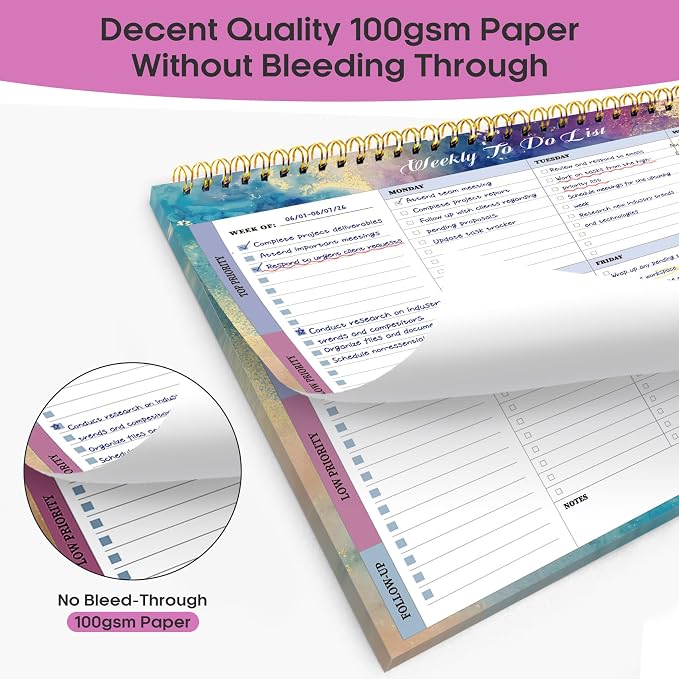 Weekly To Do List Notepad with 52 Undated Sheets（8.5"×11"）- Weekly Desk Planner for Women & Man, Work and Home - Gilded Elegance