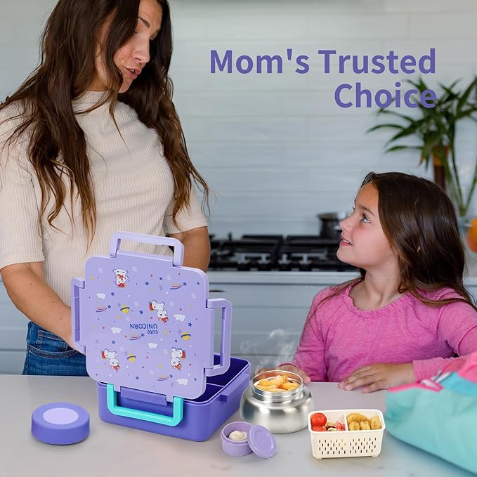 Bento Box for Kids with Thermos, [Large Capacity] Insulated Kids Lunch Box with 4 Compartment for Ages 3+, Drop-Proof & Dishwasher Safe Lunchbox Container Purple