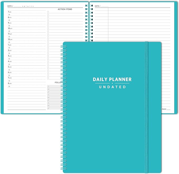 Daily Planner Undated - Spiral Appointment Planner, 208 Pages, 8.8" x 11", Daily Planners with Hourly Schedules, Appointment Book for Man/Women, Inner Pocket, Elastic Closure - Green