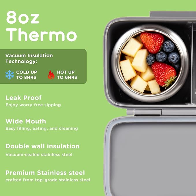 Bento Lunch Box for Kids With 8oz Food Thermo,BPA-Free for School | Lunch Container with 2 Compartments, Insulated Food Jar, Dishwasher Safe, Easy to Clean, Lunch Box for Girls Boys