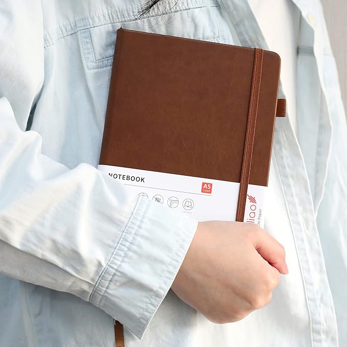 Lined Journal Notebooks with Pen Loop, Hardcover Notebook Journal for Work, 100Gsm Premium Thick Paper with Inner Pocket, Medium 5.7"x8.4", （Brown, Ruled）