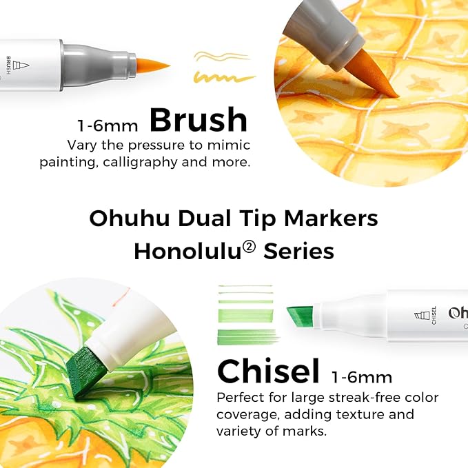Ohuhu Alcohol Markers Brush Tip - AP Certificated Double Tipped Art Marker Set for Artist Adults Coloring Illustration- 72 Colors - Refillable - Brush & Chisel Dual Tips - Honolulu 2 of Ohuhu Markers