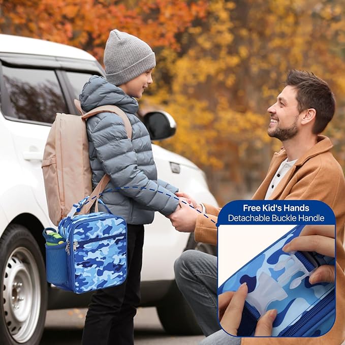 Bagseri Kids Lunch Box for Boys - Insulated Toddler Lunch Bag Fits Bento Box, Reusable Daycare Cooler Tote with Clip Handle, Water-Resistant Lining, Blue Camo