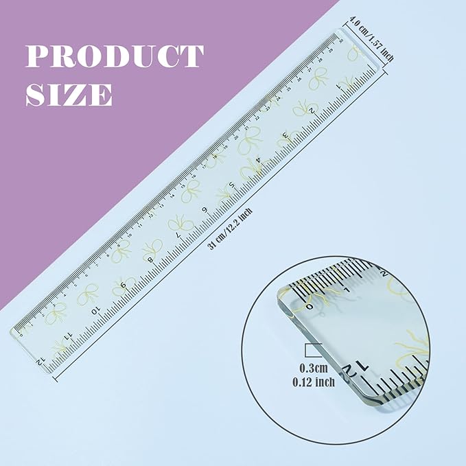BAYTORY 4Pcs Transparent Acrylic Ruler 12 Inch, Clear Plastic Straight Rulers, Shatterproof Student Stationery Centimeters with Inches, for Classroom Essentials School Supplies (Bowknot 12 Inch)
