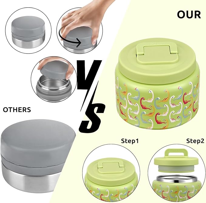 JXXM 8 Oz Thermo Food Jar for Hot & Cold Food for Kids, Insulated Lunch Containers Hot Food Jar,Leak-Proof Vacuum Stainless Steel Wide Mouth Lunch Soup Thermo for School (Green-Colorful Dinosaur)