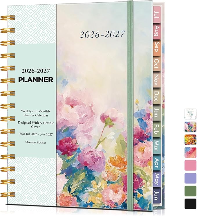 Academic Planner 2026-2027, Weekly and Monthly Calendar Planner from July 2026 - June 2027, 6.1" x 8.2" A5 Large Daily Agenda Book with Tabs, Flexible Cover, College School Organizer for Student Teacher,Watercolor Floral