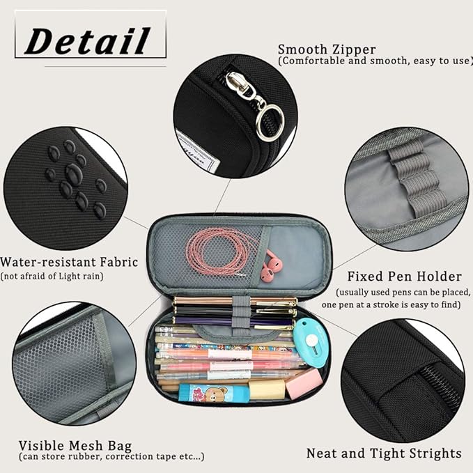 FUXINGYAO Pencil Case, Multi- Slot Pencil Pouch, Portable Pencil Bag, Pen Case for& Office(Black)