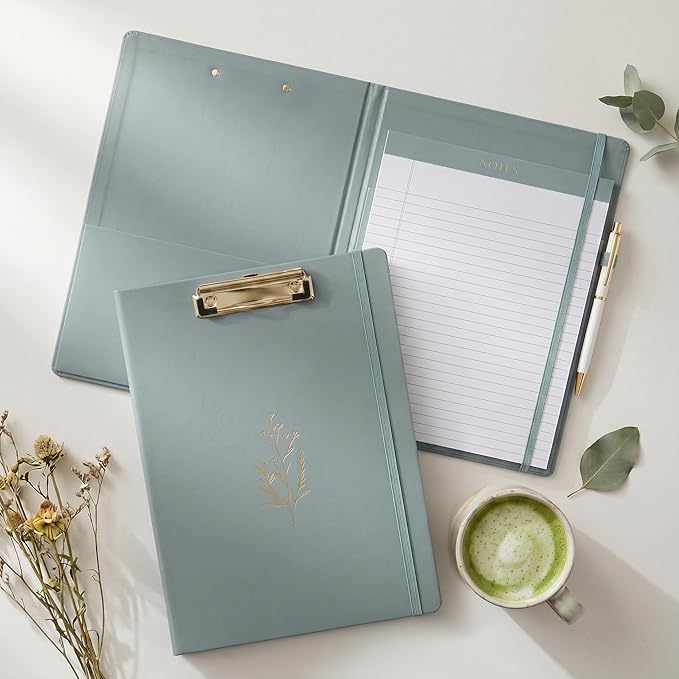 Aesthetic Clipboard Folio with Refillable Lined Notepad & Interior Pocket - Cute Padfolio/Legal Pad Holder for Women - Easily Organize Notes at Work, School, or Home