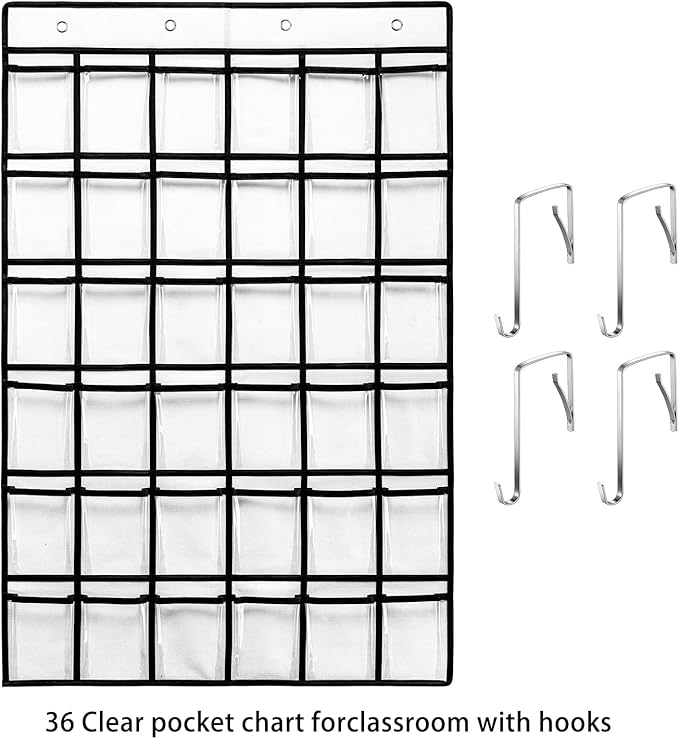 SAVERHO 36 Clear Pockets Classroom Pocket Chart for Cell Phones, Pocket Chart for Calculator Phone Holder with 36 Number Stickers and Hooks (White)
