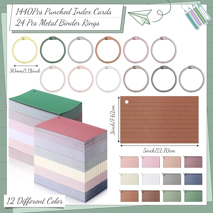 Ctosree 1440 Pcs Back to School Gifts Colored Index Cards with Binder Ring Ruled Flash Cards 12 Color Lined Note 56lb Cover for Studying Memory Office School(3 x 5 Inch,Novel Color)