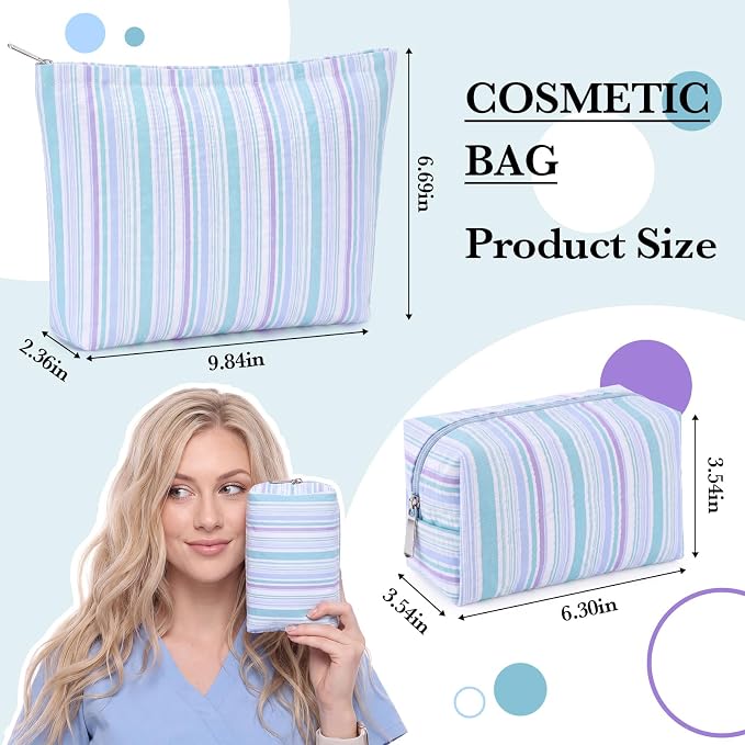 Huhumy 2 Pcs Striped Makeup Bag, Travel Toiletry Bag for Women, Aesthetic Cute Colorful Cosmetic Pouch, Seersucker Storage Organizer for Accessories, Essentials, Toiletries(Cyan Blue Purple)