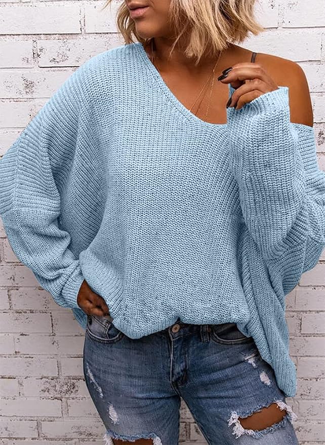 BZB Women's V Neck Long Sleeve Knit Loose Oversized Pullover Sweater Top